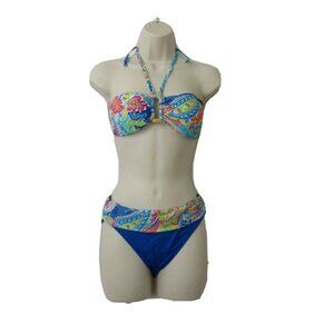 LAUREN Ralph Lauren 2 pc Swimsuit Bikini Sz 6 Blue Paisley Halter Neck Tie Back
